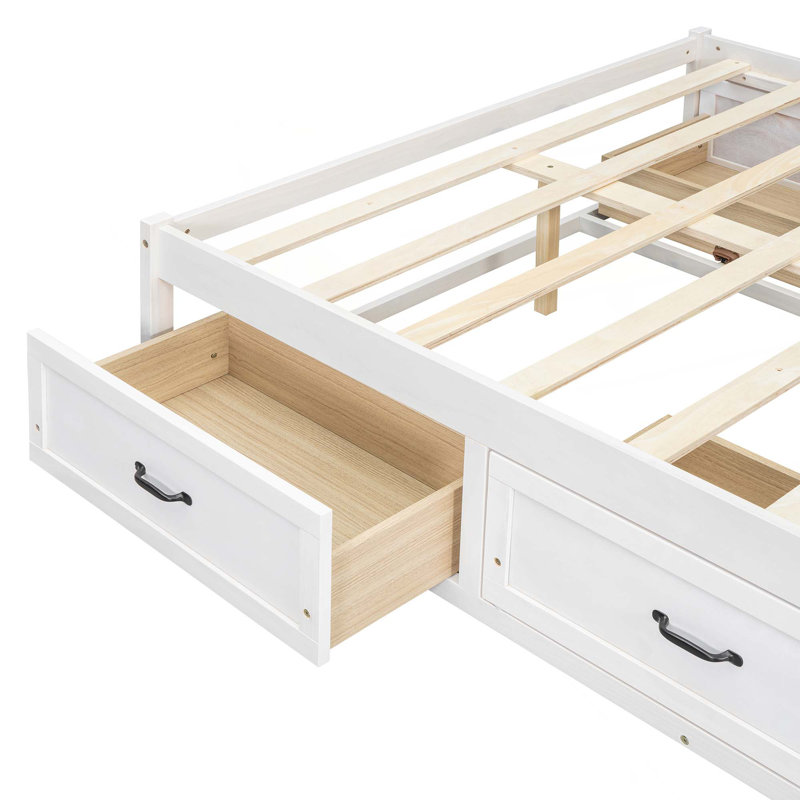 Lit plateforme avec 6 tiroirs de rangement, Blanc antique, Double