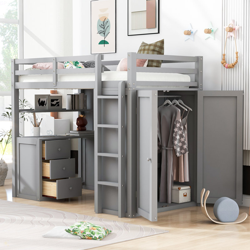 Lit mezzanine avec tiroirs, bureau et garde-robe, Gris, Lit simple