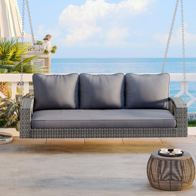 Balancelle de patio en osier PE pour 3 personnes avec chaînes, grand patio avec coussins pour le jardin, le jardin et la piscine de 69 po GO 69 po