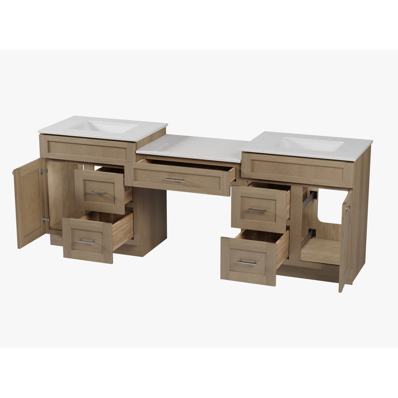 Meuble-lavabo double 91 po avec comptoir en quartz 91 po, Chêne naturel