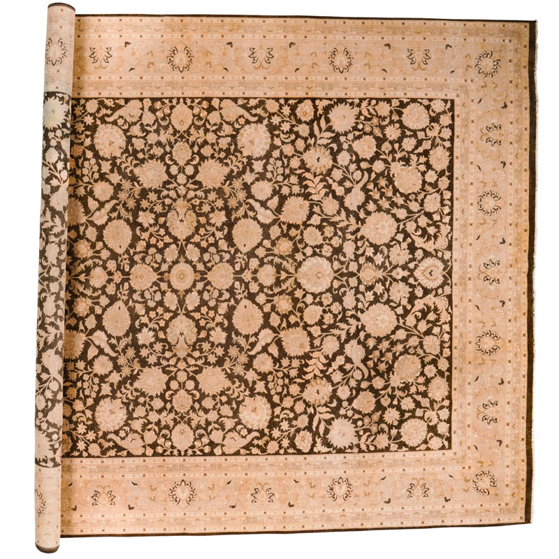 Tapis unique en laine beige / brun 10 pi x 13 pi 11 po années 1990