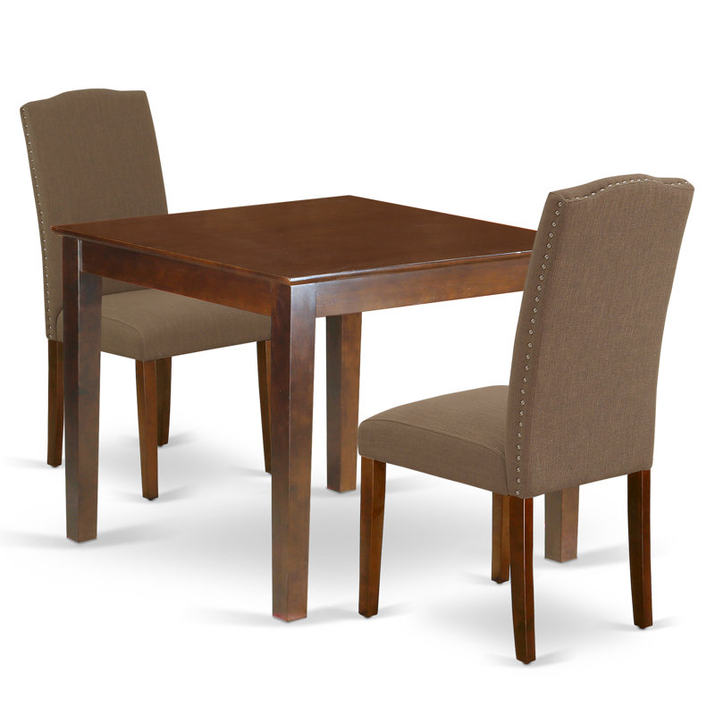 3 Piece Dining Room Table Set Contains a Square Wooden Table and 2 Dark Coffee Linen Fabric Upholstered Parson Chairs, Mahogany