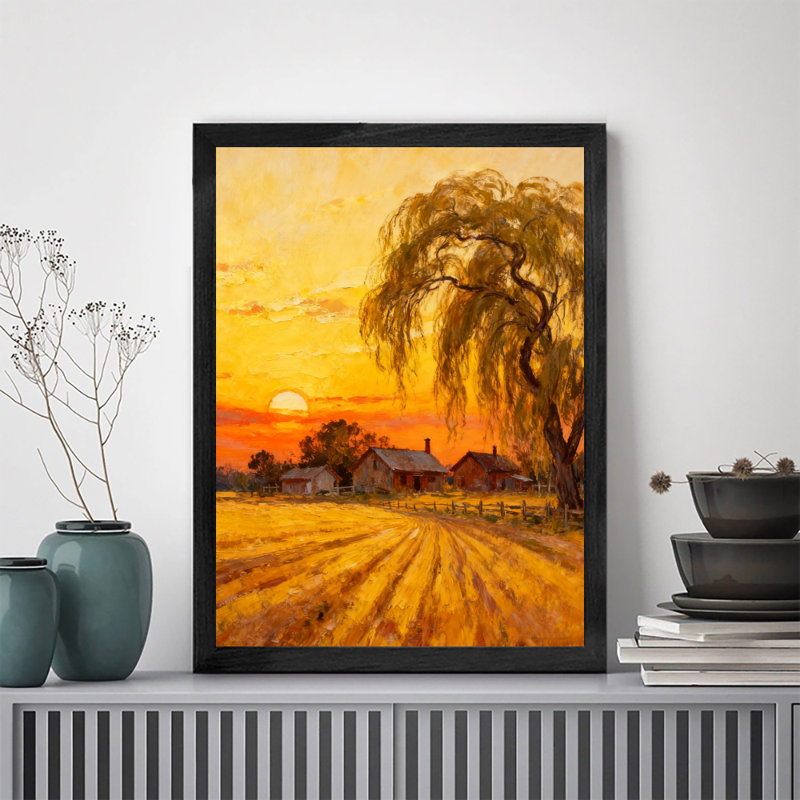 Art encadré noir, «Un village trempé au coucher du soleil», reproductions d'art encadrées de style rétro, H 11 po x l 9 po