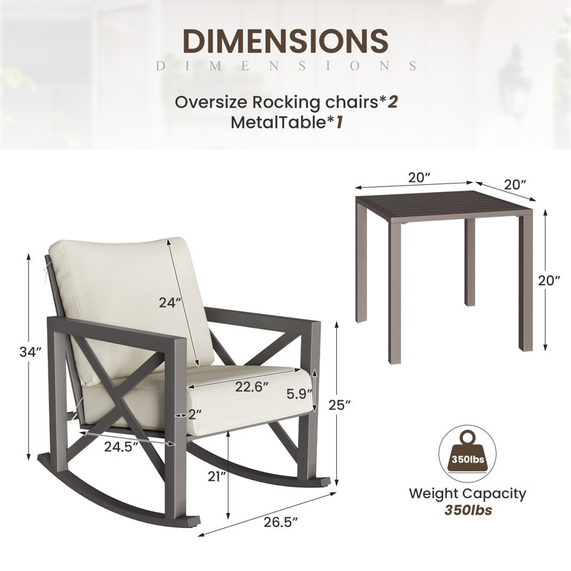 Ensemble de chaises berçantes d'extérieur pour 2 personnes avec table et coussins, Beige