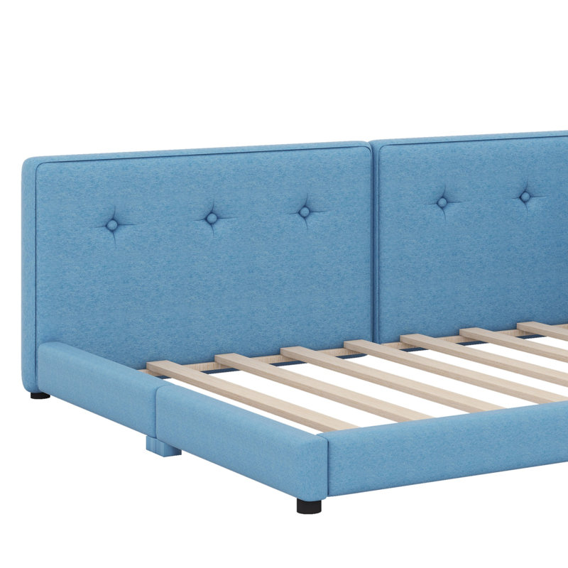 Lit plateforme tapissier avec ports USB, Bleu, Grand lit