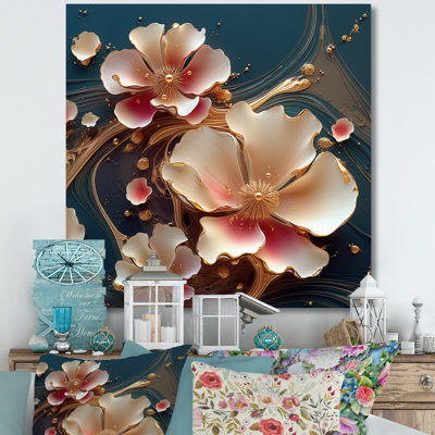 «Blooming Pink Magnolia Abstract Flower On Blue», reproduction sur toile