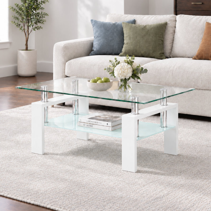 Table basse moderne en verre de 94,4 cm (37,2 po), plateau en verre trempé épais, rangement à 2 niveaux et structure en métal