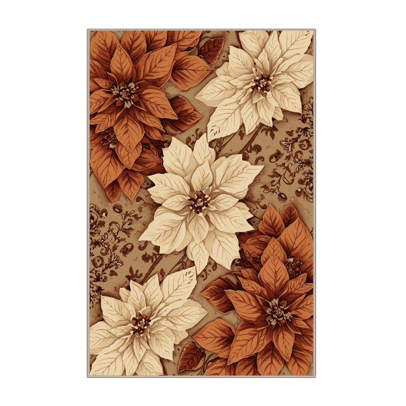 Machine Washable Ortmund Poinsettia Ornate Glam Floral Rug in Brown – Beige Binding, 5x8