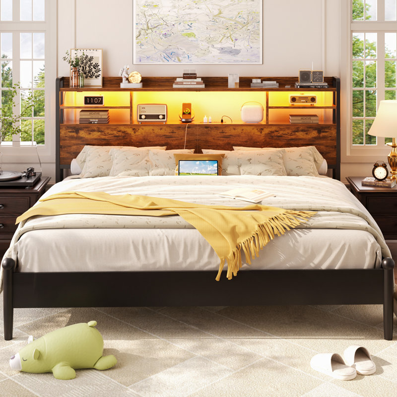 Storage Headboard with LED Lights, Bookcase Headboard with Charging Station, Brown, Queen