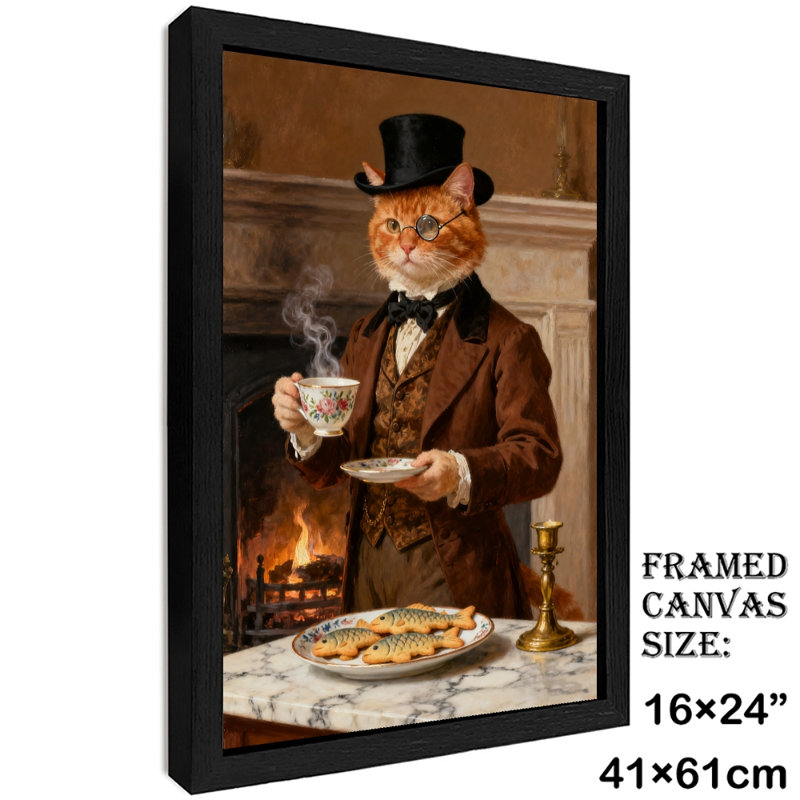 «Black Cat Vintage» encadré noir, art buvant du thé, impressions encadrées de style rétro, H 25 po x l 17 po