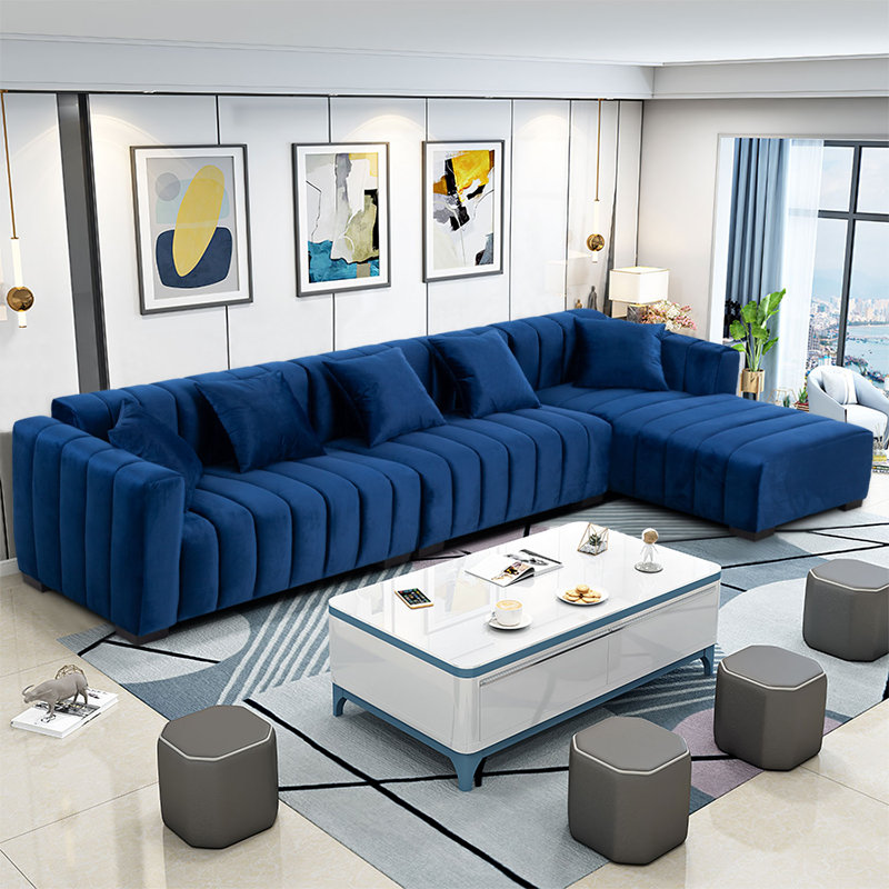 138.97" Wide Velvet Modular Sectional Sofa, Dark Blue Velvet, Right Hand Facing