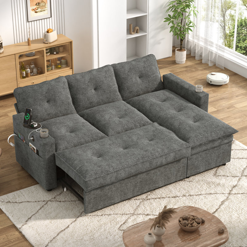 81" Sleeper Sofa Bed with Pull Out Couch & Reversible Storage Chaise, Convertible Sectional Sofa Bed with 5-Level Adjustable Backrest & USB Ports, Cloud Comfy Chenille Couch for Small Space Living Room