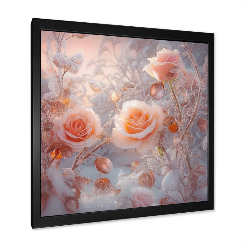 «Peach Enchanted Roses III», reproduction d'art sur toile, Cadre photo noir, H 30 po x l 30 po x P 1 po