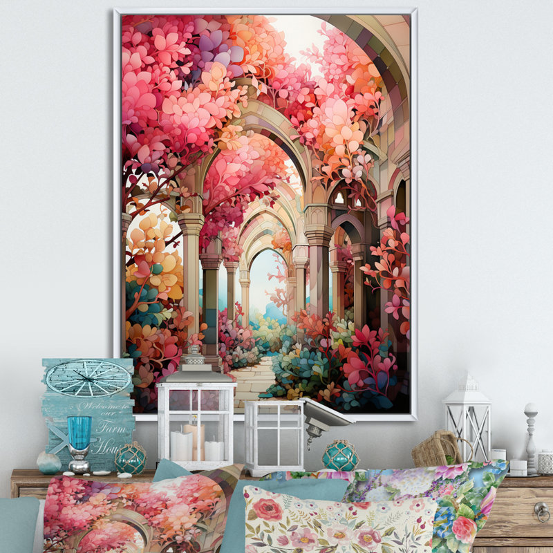 «Swante Pink Bridge Whimsical Arches», reproduction sur toile, H 20 po x l 12 po x P 1 po, Cadre flottant blanc