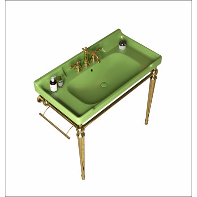 VICI 36" Bathroom Console Sink, Wall-Mounted Green Ceramic Vanity Basin with 3 Pre-drilled Faucet Holes, Freestanding Stainless Steel Support Legs with Towel Bar