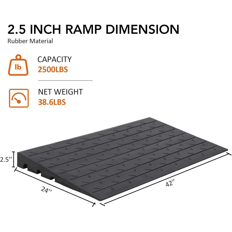 Heavy Duty Rubber Threshold Ramp for Driveway and Curb, 1130kg  Load, 3 Channel Wire Cover, Non-Slip, Reflective Safety Strips, Portable Access for Wheelchair, Scooter, Motorcycle, 24x42x2.5in