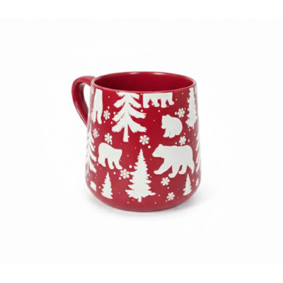 15.5oz Ceramic Mug Bears & Trees Engraved Red- Set of 2