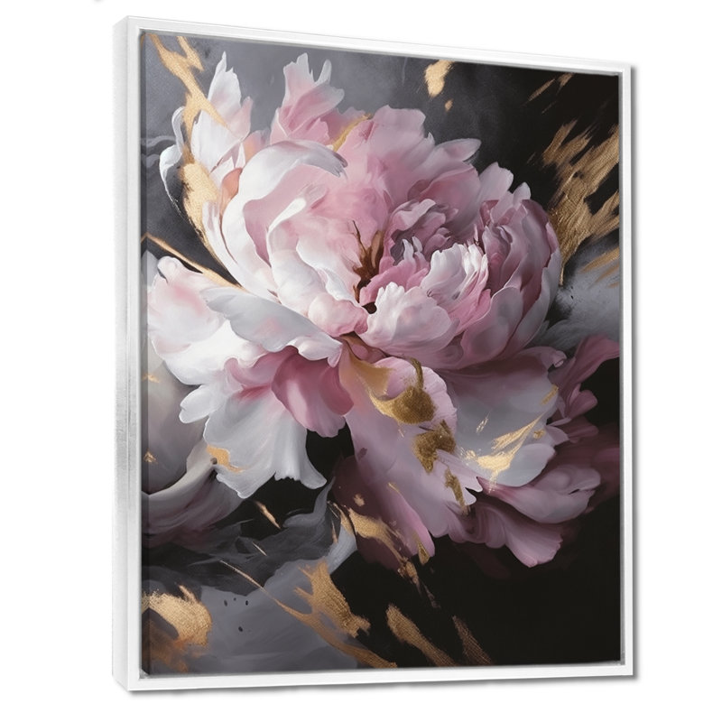 Harmonieux rose gris pivoine II - pivoines, art mural, H 40 po x l 30 po, Cadre flottant blanc