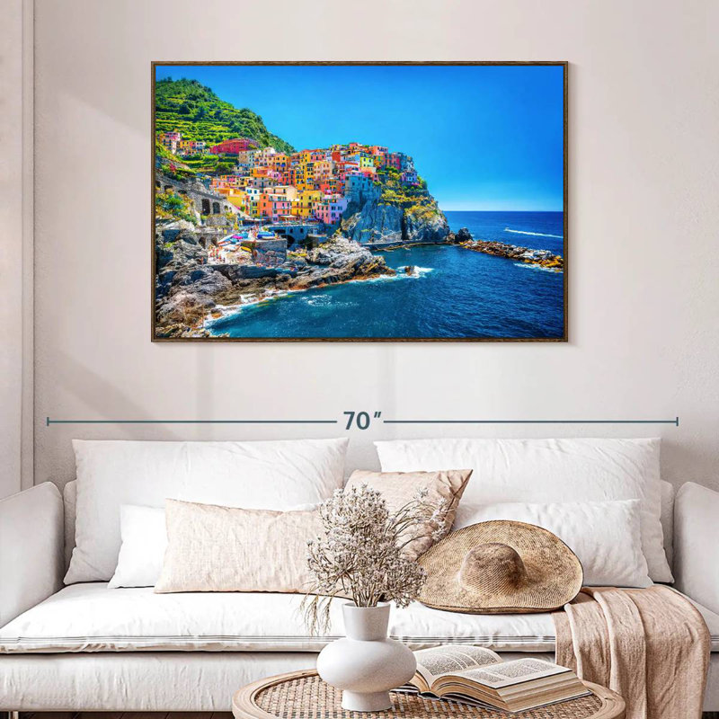 Cinque Terre, bord de mer, 46 po x 31 po, Cadre flottant noyer