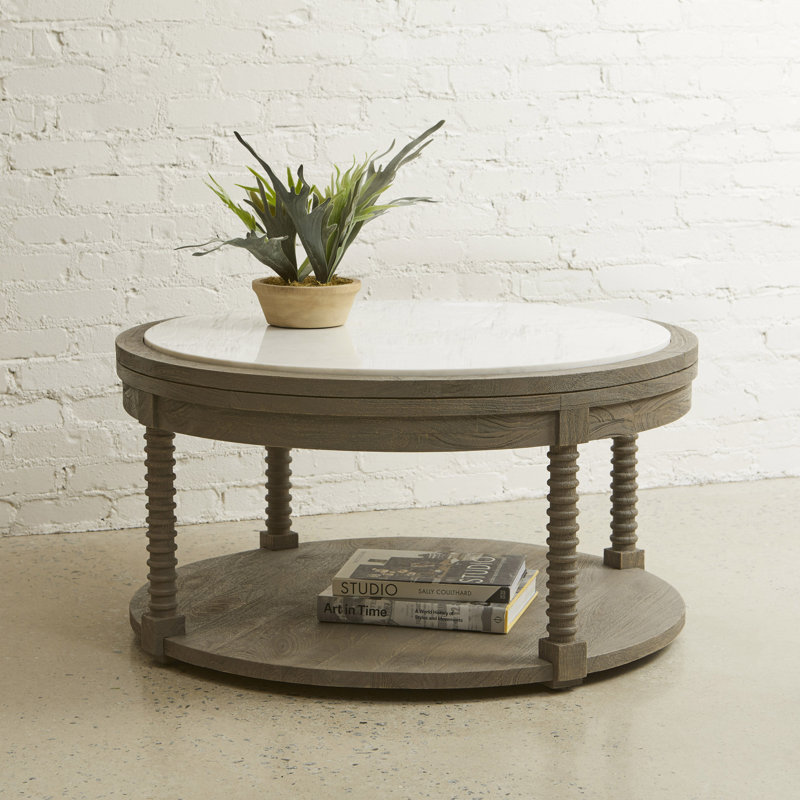 Round Brown Wood Cocktail Table with Marble Top