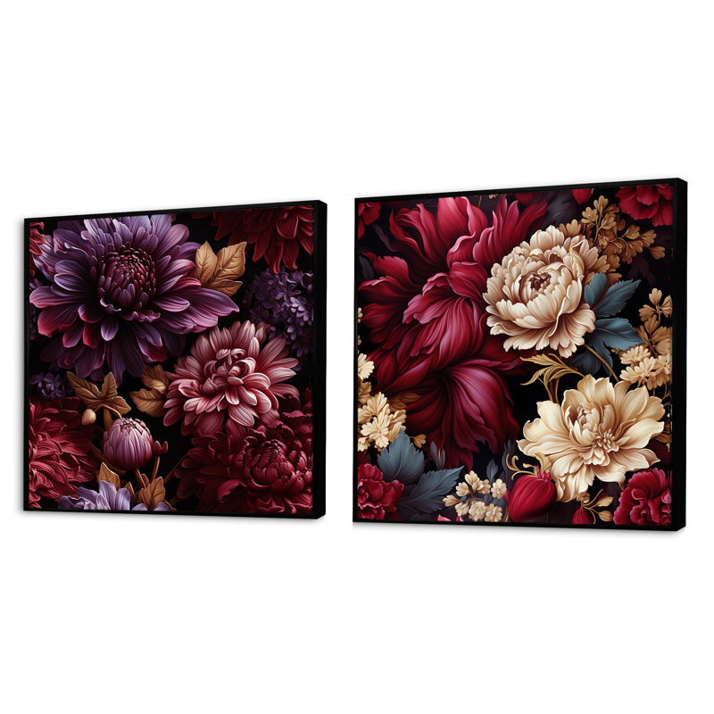 Royal Peony Garden Grace - ensemble de 2 pivoines carrées, Cadre flottant noir, H 30 po x l 61 po