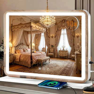 Miroir de meuble-lavabo à DEL 23 po x 18 po avec lumières, 3 couleurs à intensité variable, commande tactile, port de charge USB, mur ou bureau, cadeau pour les femmes