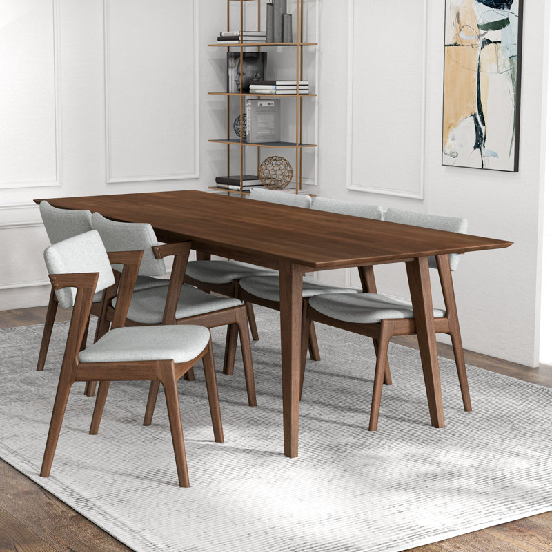 Ensemble de salle à manger 7 pièces Adrianne Mid-Century avec 6 chaises en tissu gris foncé, Gris clair
