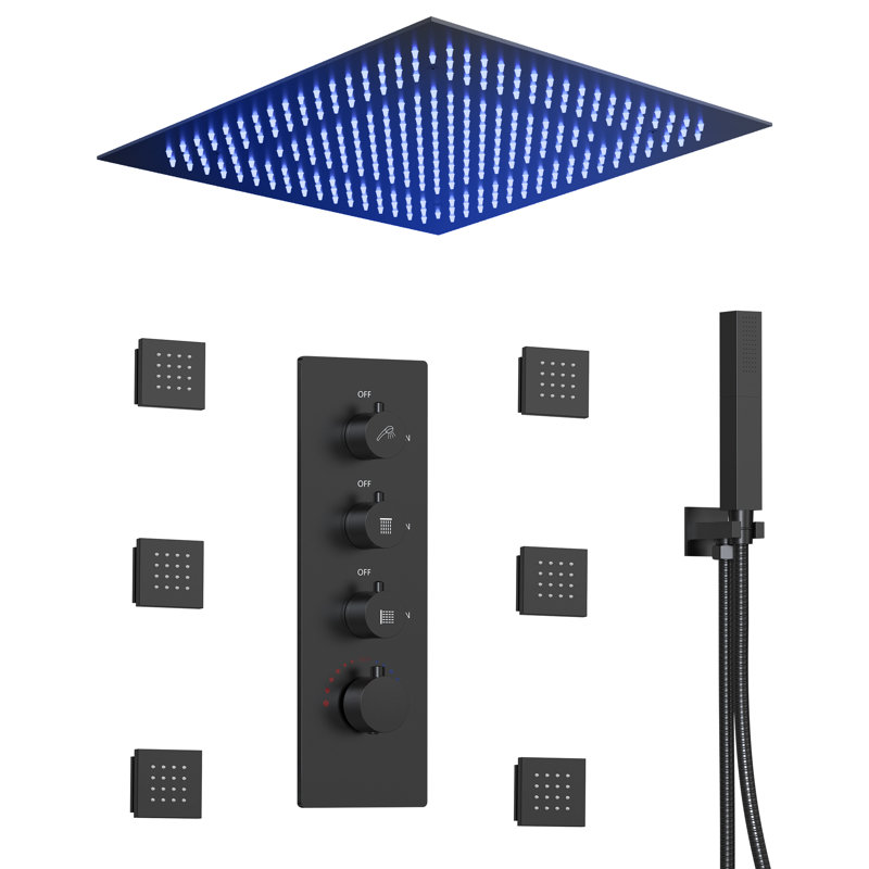 Ceiling Mount 20" LED Thermostatic Rainfall Shower System with 6 Body Jets and Dual-Function Handheld Spray, Matte Black