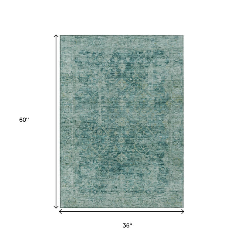 Tapis intérieur/extérieur lavable, abstrait, bleu sarcelle et vert olive, 90 x 150 cm