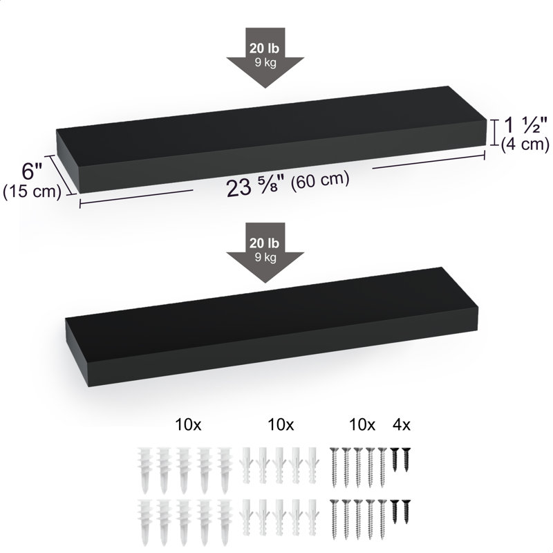 Sydney 24" W x 6" D Floating Shelves Set with Invisible Wall Mount Brackets, Black