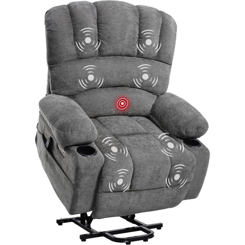 Fauteuil inclinable électrique avec massage et chaleur, grand fauteuil inclinable avec repose-pieds allongé pour les personnes âgées, fauteuil simple avec poches latérales, ports USB, porte-gobelets