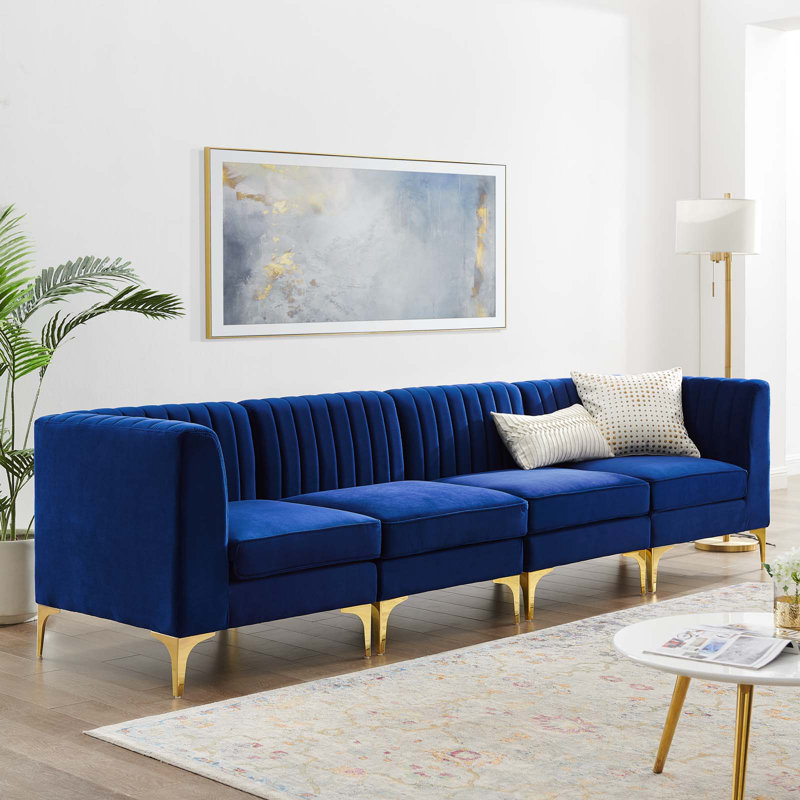 Triumph Channel Tufted Performance Velvet 4-Seater Sofa, Navy