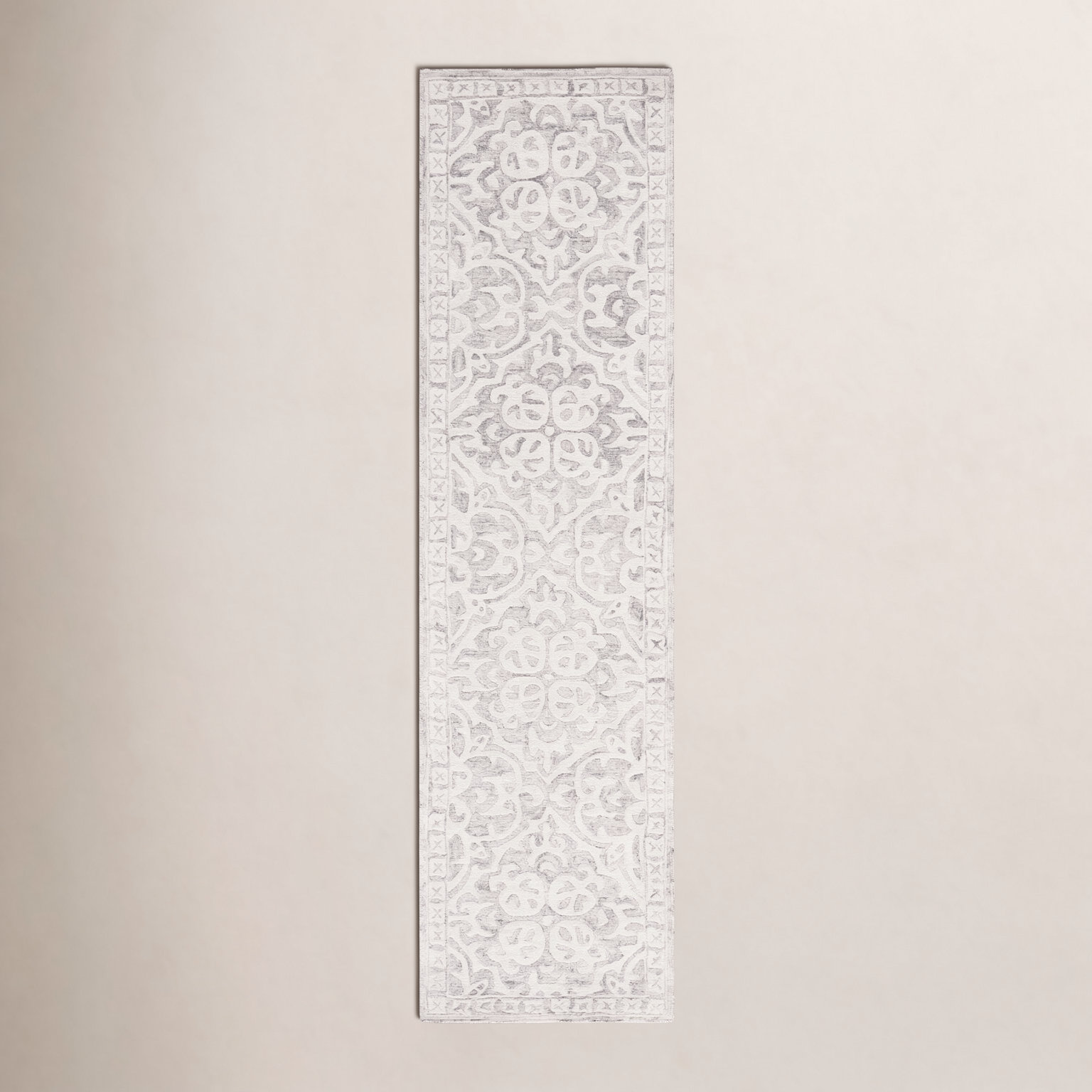 Aude White Damask Hand-Tufted Wool Rug, Runner 2'3" x 9'