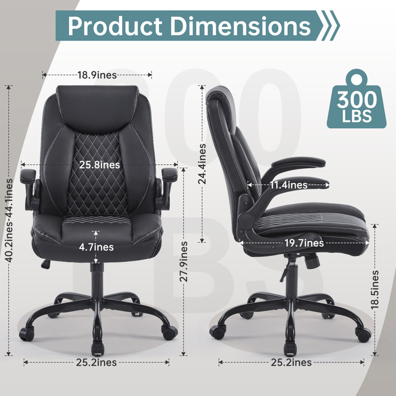 Leather Office Ergonomic Home Office Desk Chair, Back Support Swivel Executive Office Chair with Wheels and Flip-Up Armrests, Small Gaming Chair with Adjustable Rocking Function, Black
