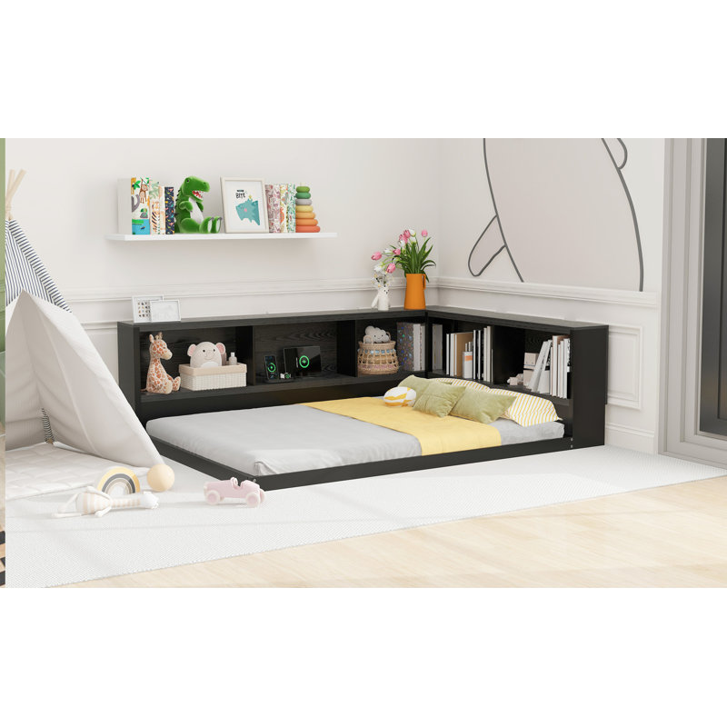 Lit de jour en métal avec armoires de rangement et ports USB, Noir, noir, noir, noir