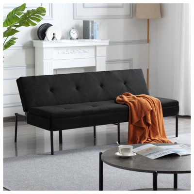 Black 3-Seater Futon Sofa Bed, Twin Size Folding Sleeper with Sturdy Metal Frame and Polyester Fabric