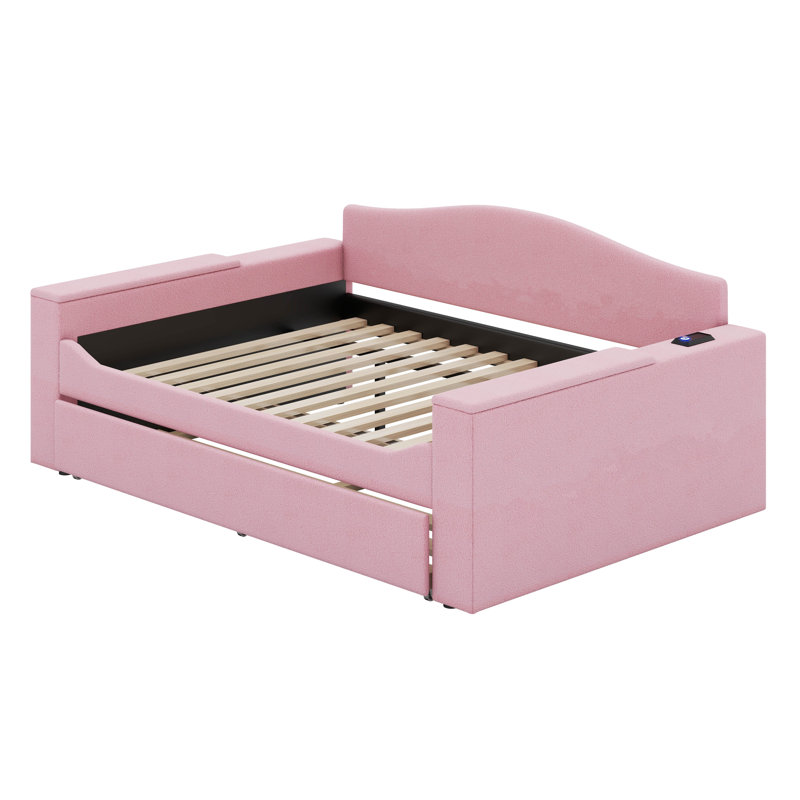 Full / Double Upholstered Daybed with Storage Armrests, Trundle and Latest Integrated Bluetooth Audio System, Pink