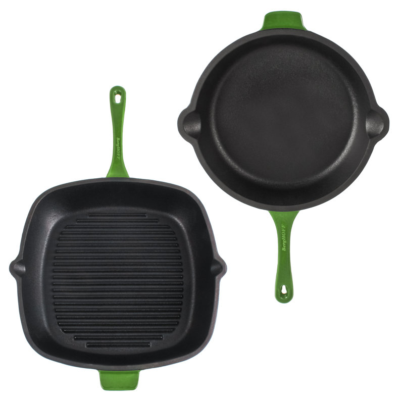 BergHOFF Neo 2Pc Cast Iron Cookware Set with Fry Pan and Grill Pan Set, Green