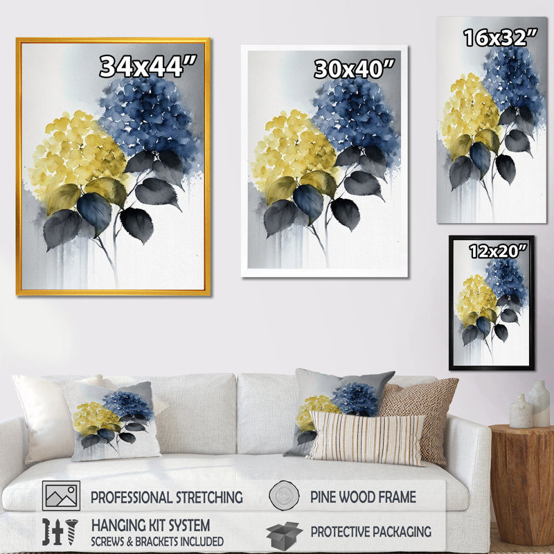 «Yellow Hydrangea Blooms - Hydrangea», reproduction sur toile encadrée, H 40 po x l 30 po, Cadre flottant noir