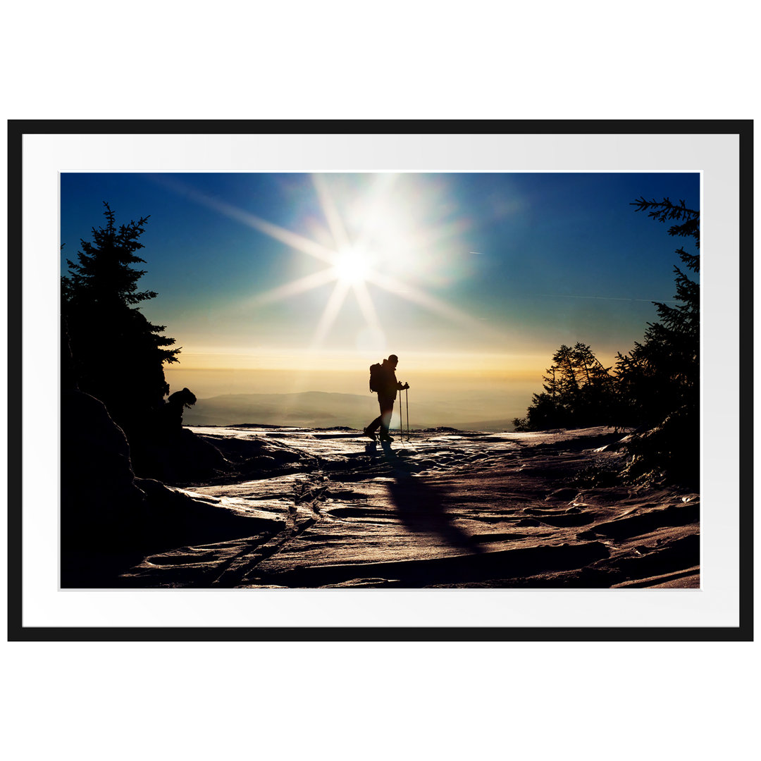 Gerahmtes Poster Wintersport Sonnenuntergang Ski