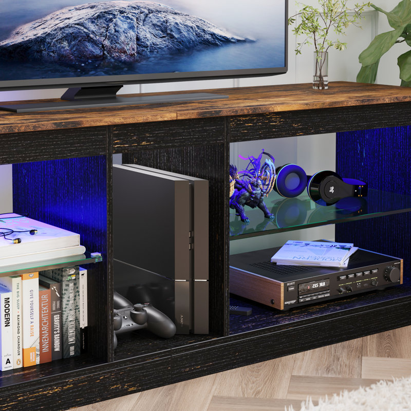 Nabria 55" length  TV Stand Cabinet With Glass Shelf & RGB LED Lighted for up to 65" TVs, Brown/Black