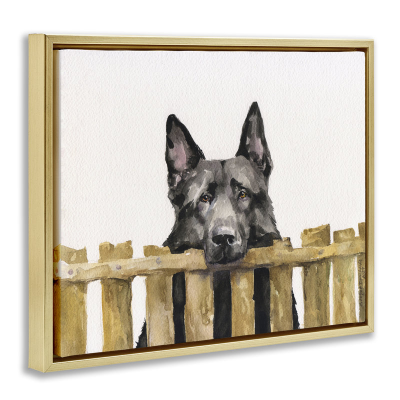 "Black German Shepherd", art mural encadré par George Dyachenko, Cadre flottant métallique doré, H 17 po x l 21 po