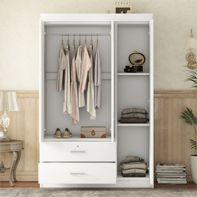 Soft white plywood 3-door mirror wardrobe with lockable drawer for organized bedroom storage