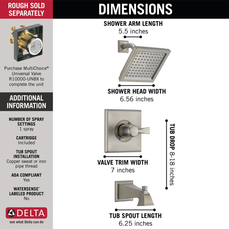 Dryden 14 Series Single-Function Tub Shower Faucet Set, Shower Valve Trim Kit, Brilliance Stainless