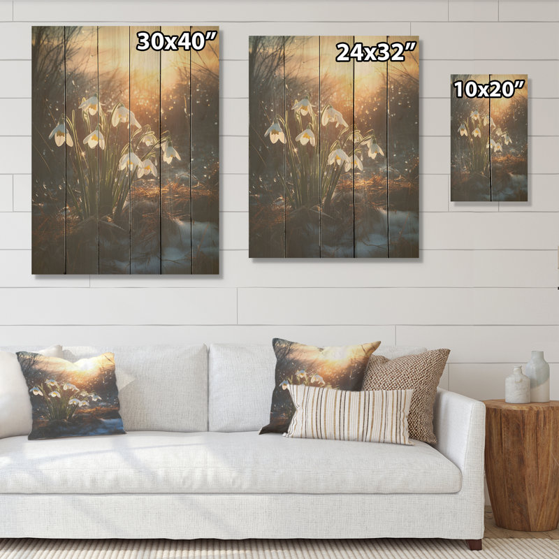«Green Snowdrops», coucher de soleil d'hiver - «Snowdrops», art sur bois de pin naturel, H 40 po x l 30 po