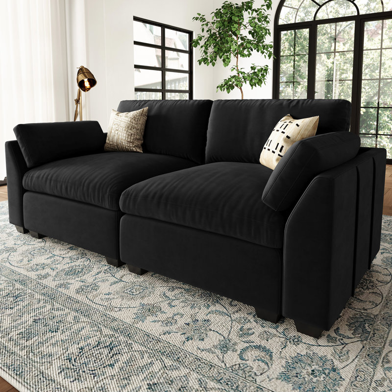 Velvet & Wide Short Plush 2-Seat Sofa With Removable Cushions And Detachable Cover, Black Velvet