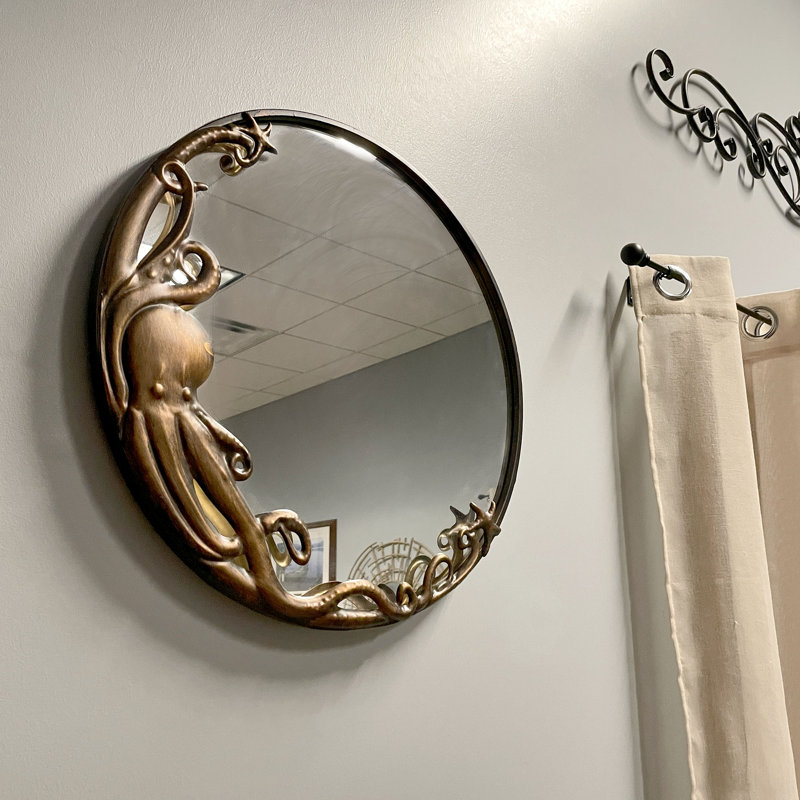 Miroir mural bronze pieuvre - 20 pouces de diamètre décoratif pour la décoration nautique et côtière, point focal unique pour le salon ou la salle de bain.