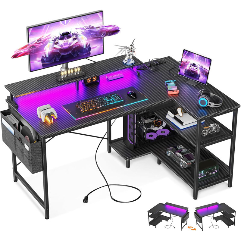 48 Inch L Shaped Gaming Desk: Reversible With USB Charging Ports, LED Lights, Storage Shelves, Monitor Stand & Power Outlets, Black