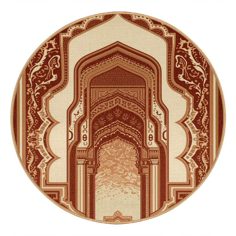Machine Washable Paizlea Ornate Traditional Oriental Rug in Brown – LightBrown Binding, 6' Round