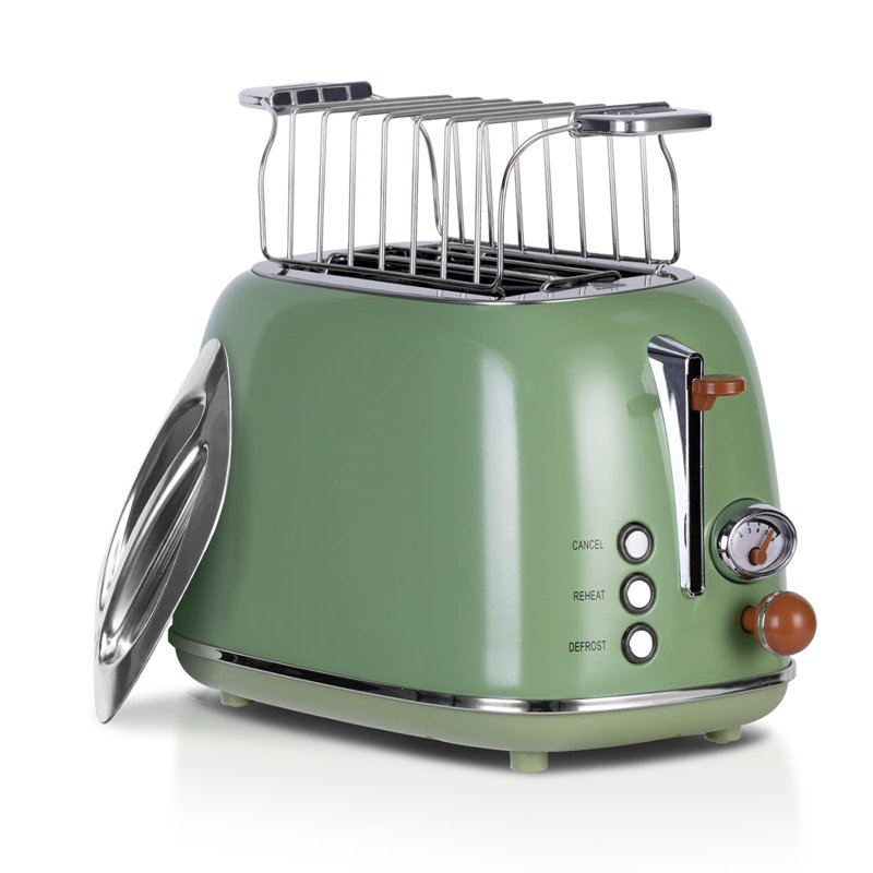 Retro toaster 2 slices, 6 adjustable browning levels, stainless steel with high-quality bread roll attachment, warm-up, defrost and cancel function, countdown display, quick toast technology